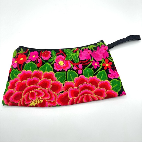 Embroidered Tropical Floral Bird Clutch Makeup Bag Travel Pouch Boho Colorful - Picture 5 of 12